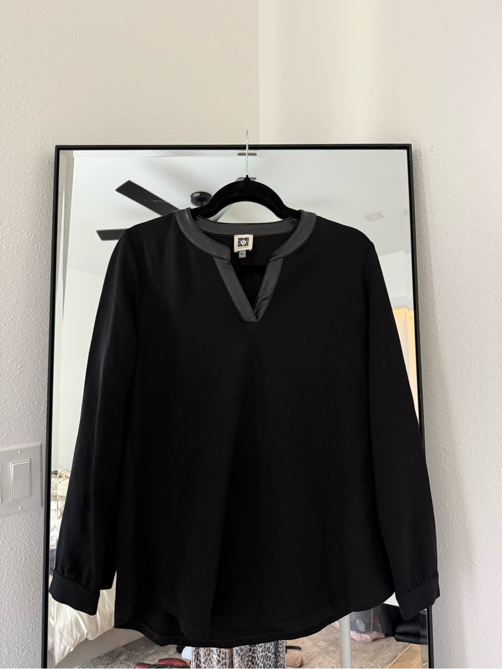 Women’s Black Long-Sleeve Shirt with leather V-Neck